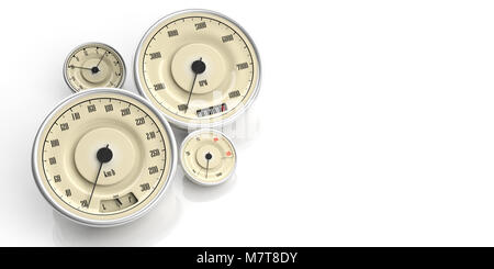 Vintage car gauges isolated on white background, copy space. Indications for speed, fuel, RpM, distance and temperature. 3d illustration Stock Photo