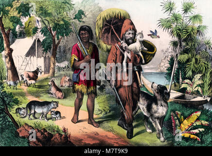 Robinson Crusoe and Man Friday, a hand coloured lithograph from 1874. Stock Photo