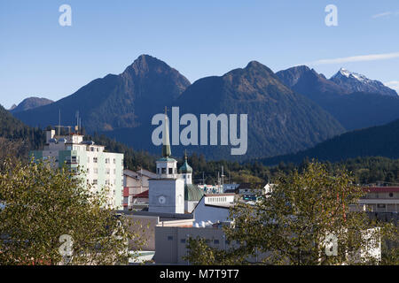 Sitka, Alaska: View of downtown Sitka and the Three Sisters Mountains from Baranof Castle State Historic Site. Stock Photo