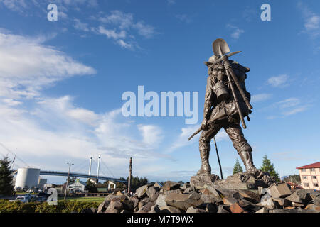 Sitka, Alaska: Artist Alonzo Victor Lewis' sculpture 'The Prospector' at the Sitka Pioneer Home overlooking Sitka Harbor. Stock Photo