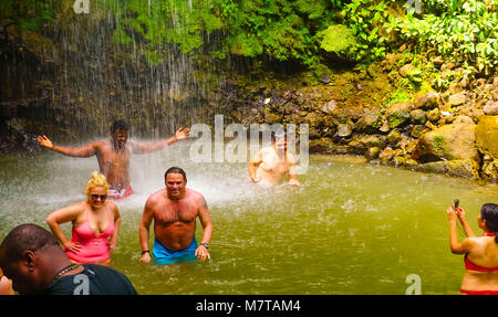 Soufriere, Saint Lucia - May 12, 2016: A waterfall at the Botanical Gardens in Saint Lucia Stock Photo