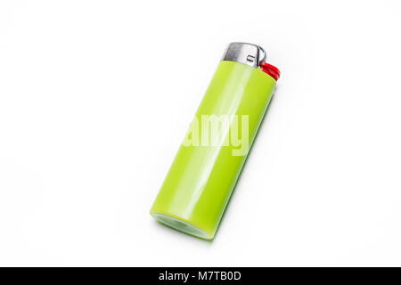 Macro Of A Green Lighter Isolated On White Background Stock Photo