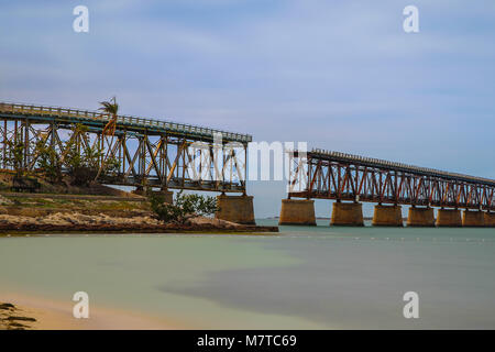 Old historic railroad bridge broken and abandoned on way to Key West Florida Stock Photo