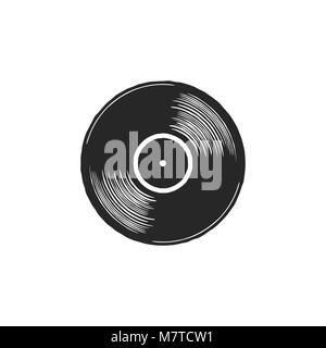 Vintage hand drawn vinyl LP record with gray label. Black Old technology, realistic retro design. Illustration. Stock vector musical plate icon isolated on white background Stock Vector
