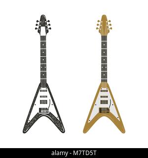 Black and retro color electric guitar set. Vintage hand drawn rock guitars isolated on white background. Guitar icons. Modern grunge and rock style. Hipster style illustration, pictogram Stock Vector