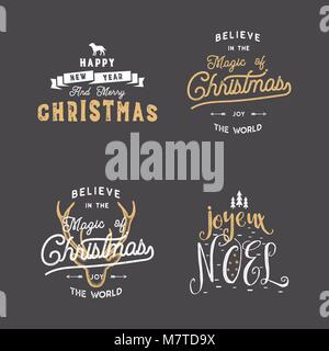 Merry Christmas typography quotes, wishes set. Sunbursts, ribbon and xmas noel elements, icons. New Year lettering, sayings, vintage labels. Seasonal greetings calligraphy. Stock vector Stock Vector