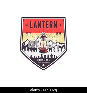 Vintage hand drawn camping logo with lantern. Retro style camping logo. Outdoor adventure badge design. Travel and hipster emblem. Wilderness theme. Stock vector isolated on white Stock Vector