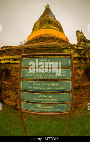 AYUTTHAYA, THAILAND, FEBRUARY, 08, 2018: Informative sign in a metallic structure in Prang at Wat Racha Burana, Ayudhya Province Stock Photo