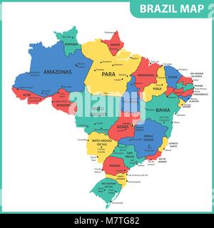 The detailed map of the Brazil with regions or states and cities, capitals Stock Vector
