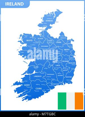 The detailed map of the Ireland with regions or states and cities, capitals, national flag Stock Vector