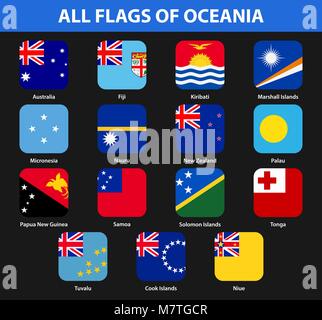 Set of all flags of the countries of Oceania. Flat style Stock Vector