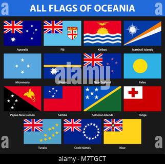 Set of all flags of the countries of Oceania. Flat style Stock Vector