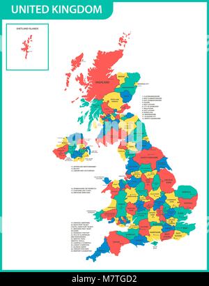 The detailed map of the United Kingdom with regions or states and cities, capitals. Actual current relevant UK, Great Britain administrative devision. Stock Vector
