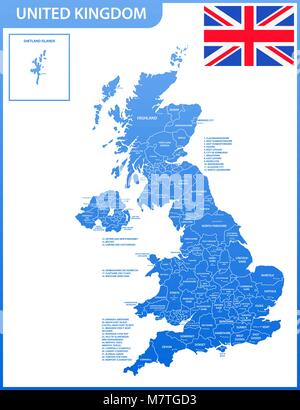 The detailed map of the United Kingdom with regions or states and cities, capitals. Actual current relevant UK, Great Britain administrative devision. Stock Vector