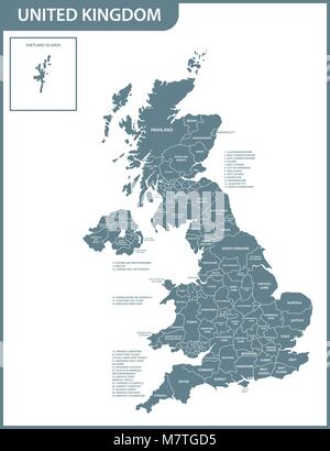 The detailed map of the United Kingdom with regions or states. Actual current relevant UK, Great Britain administrative devision. Stock Vector