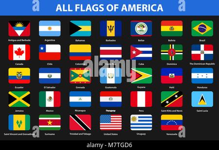 Flags of all countries of American continents. Flat style Stock Vector