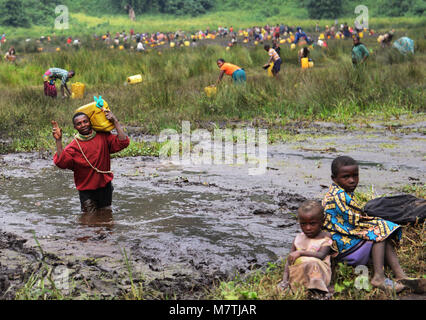 Congolese villagers fill their water supply from this Muddy pond. The only good water source they have. Stock Photo