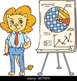 Lion teacher with a board on a tripod. Vector illustration. Stock Vector