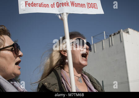 January 1, 2006 - Athens, Greece - A woman seen shouting slogans while holding a placard during a protest to demand the release of a 16-year-old Palestinian girl named Ahed Tamimi, held in Israeli military detention. The start of a military trial for the Palestinian teenager has been delayed until February 6 after a viral video showed her hitting two Israeli soldiers. (Credit Image: © Nikolas Joao Kokovlis/SOPA Images via ZUMA Wire) Stock Photo