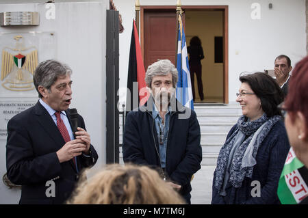 January 1, 2006 - Athens, Greece - The Palestinian Ambassador, Marwan Emile Toubassi seen giving a speech in front of the Palestinian embassy in Athens during a protest to demand the release of a 16-year-old Palestinian girl named Ahed Tamimi, held in Israeli military detention. The start of a military trial for the Palestinian teenager has been delayed until February 6 after a viral video showed her hitting two Israeli soldiers. (Credit Image: © Nikolas Joao Kokovlis/SOPA Images via ZUMA Wire) Stock Photo