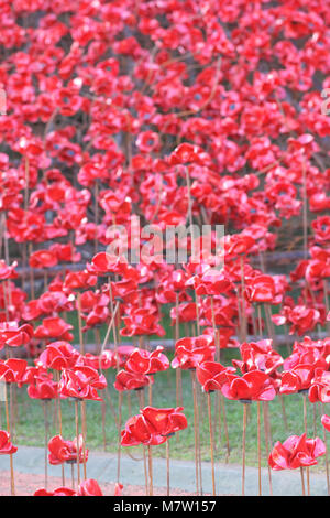 Hereford Cathedral, Hereford - March 2018 - Iconic poppy sculpture Weeping Window by artist Paul Cummins and designer Tom Piper opens at Hereford Cathedral as part of the final year of the 14-18 NOW First World War centenary art project. Almost 6,000 individual ceramic poppies flow from an upper window down to the ground. The exhibit will be at Hereford Cathedral until 29th April 2018. Photo Steven May / Alamy Live News Stock Photo