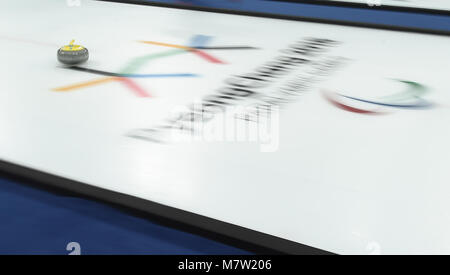 PyeongChang, South Korea. 13th March, 2018. A curling stone of China is seen during the match between the United States and China at the mixed round robin session 10 of wheelchair curling at the 2018 PyeongChang Winter Paralympic Games at PyeongChang, South Korea, March 13, 2018. (Xinhua/Xia Yifang) Credit: Xinhua/Alamy Live News Stock Photo