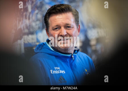 13 March 2018, Germany, Hamburg: Christian Titz, the German Bundesliga's soccer club Hamburger SV's new coach, speaking during a press conference on the occasion of his presentation. Photo: Daniel Reinhardt/dpa - IMPORTANT NOTICE: Due to the German Football League·s (DFL) accreditation regulations, publication and redistribution online and in online media is limited during the match to fifteen images per match Stock Photo