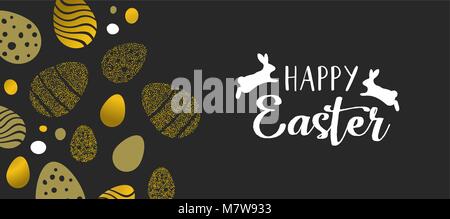 Happy Easter gold card illustration with rabbits and luxury eggs made of golden glitter. Horizontal format design ideal for web banner. EPS10 vector. Stock Vector