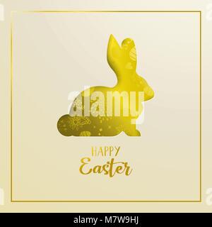Happy Easter golden greeting illustration. Paper cut bunny silhouette cutout with hand drawn holiday eggs and spring flower doodles in luxury gold col Stock Vector
