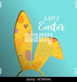 Happy Easter greeting illustration. Paper cut bunny ears cutout with colorful hand drawn holiday eggs and spring flower doodles. EPS10 vector. Stock Vector