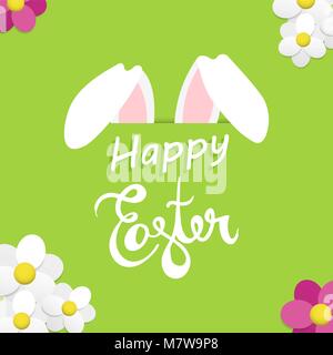 Happy Easter greeting card illustration, spring holiday decoration with funny rabbit ears and flowers. EPS10 vector. Stock Vector