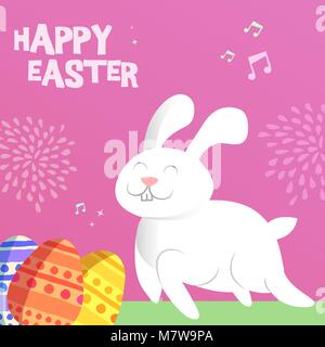 Happy Easter greeting card illustration for spring celebration event with cute bunny jumping and eggs. EPS10 vector. Stock Vector