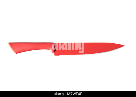 Big red kitchen knife isolated on white background. Path saved, clipping path. Kitchen accessory. Stock Photo