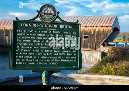 Cornish-Windsor Covered Bridge over the Connecticut River linking New Hampshire and Vermont.  Commemorative Sign. Stock Photo