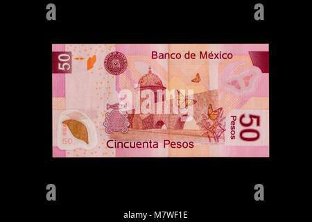 Mexico, North America.  Fifty  Pesos Banknote, showing the Aqueduct of Morelia, Michoacan state, on the back side. Stock Photo