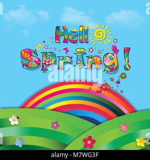 Hello spring vector cartoon colorful paper illustration of beautiful landscape with sun, flowers, birds and rainbow on green field with grass and blue Stock Vector