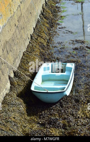 Plastic dinghy tied to stone pier and sitting on seabed covered with brown sea weeds at low tide. Stock Photo