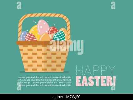 Happy Easter greeting card. Easter egg in basket. Vector illustration Stock Vector