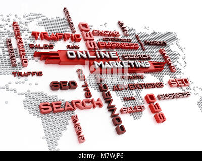 Online marketing crossword with world map background. 3D illustration. Stock Photo