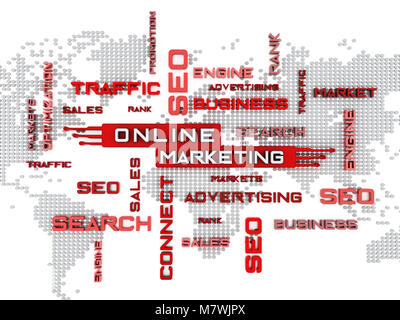 Online marketing crossword with world map background. 3D illustration. Stock Photo