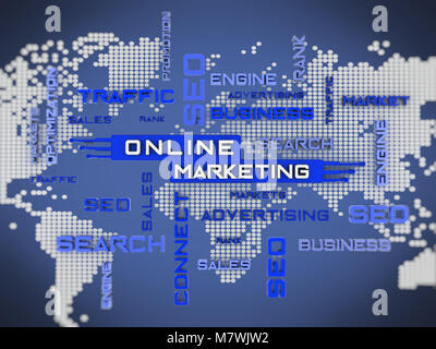 Online marketing crossword with world map background. 3D illustration. Stock Photo