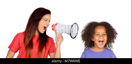 Teacher shouting at funny african girl isolated on a white background Stock Photo