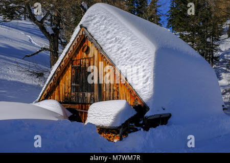 Wooden Hut in the Austrian Magic Mountains, Schladming Stock Photo