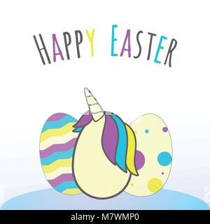 illustration of easter eggs, center egg is a unicorn egg, phrase written  "happy easter" Stock Vector
