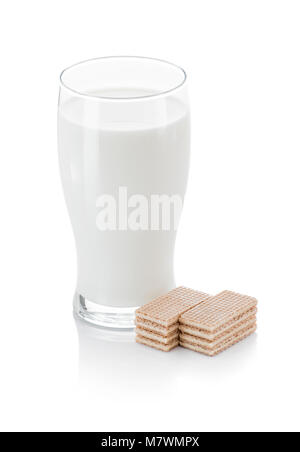 Breakfast Milk Glass And Wafer Sticks on White Background Stock Photo