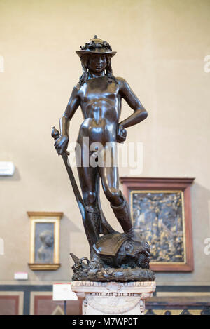 Florence. Italy. Bronze statue of David (ca.1430-1440) by Donatello, Museo Nazionale del Bargello. (Bargello National Museum)