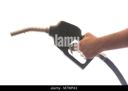 white car at gas station being filled with fuel Stock Photo