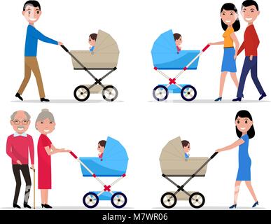 Vector characters parents with a stroller a child Stock Vector