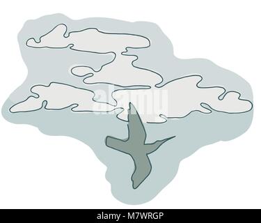 Flying birds in the sky. Freedom concept vector illustration. Silhouette on a background of clouds. Stock Vector