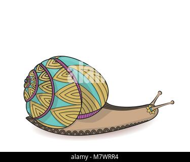Snail blue and yellow colors. Invertebrate animals wildlife. Wild life Zen tangle vector illustration. Shell zentangle. Cochlea coloring book for adul Stock Vector